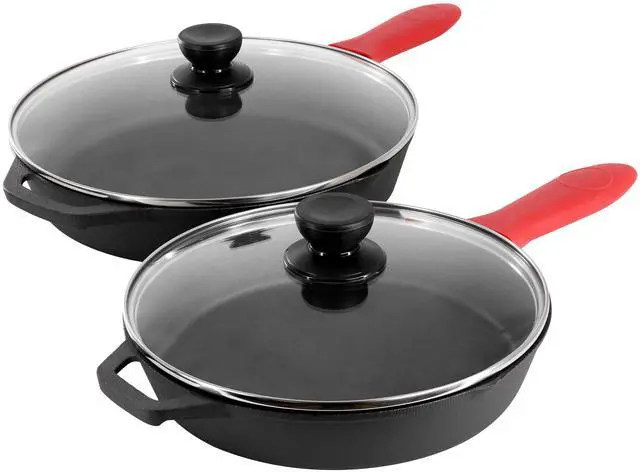 Alt view image 3 of 7 - MegaChef 13 Piece Cast Iron Skillet Set with Tempered Glass Lids and Silicone Holders
