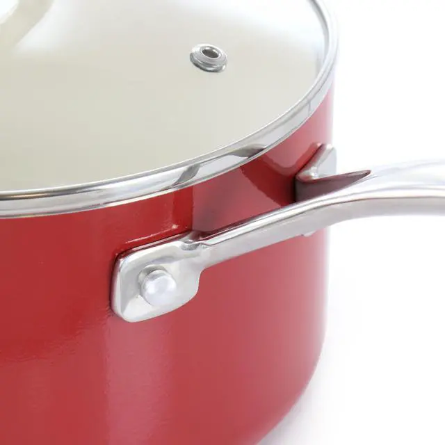 Alt view image 7 of 7 - Martha Stewart Lockton Premium 10 Piece Enameled Heavy Gauge Aluminum Ceramic Nonstick Cookware Set in Red