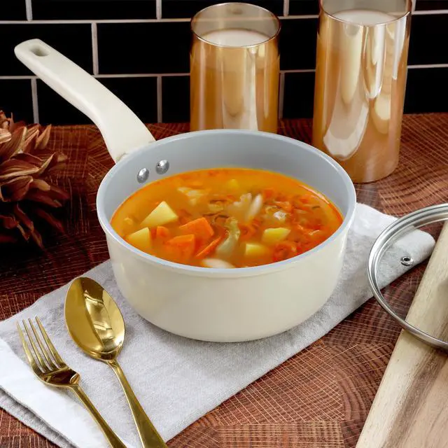Alt view image 5 of 5 - Gibson Home Barnsdall 2 Quart Ceramic Nonstick Aluminum Saucepan in Ivory with Lid