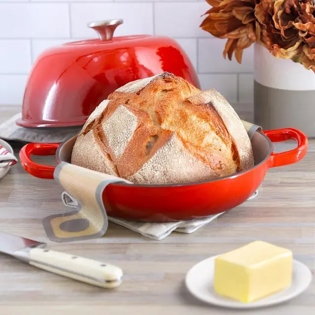 Alt view image 7 of 7 - MegaChef 6 Quart Enameled Cast Iron Bread Pot in Red with Baking Mat
