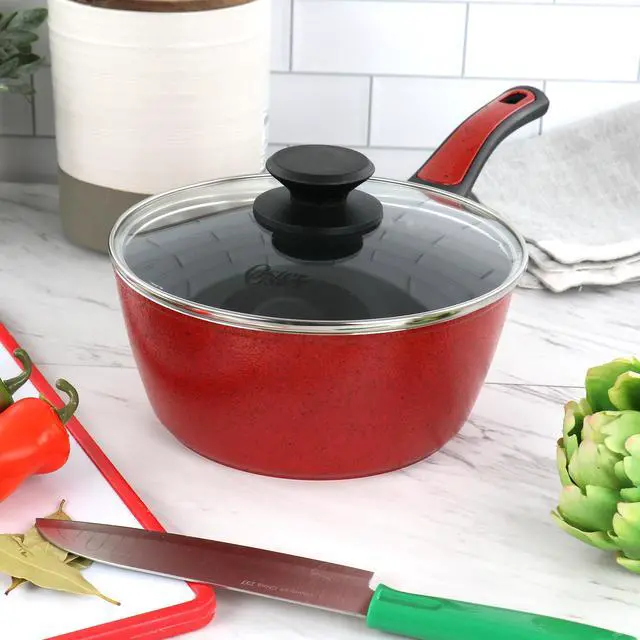 Alt view image 6 of 6 - Oster Claybon 2.2 Quart Nonstick Saucepan With Lid in Speckled Red