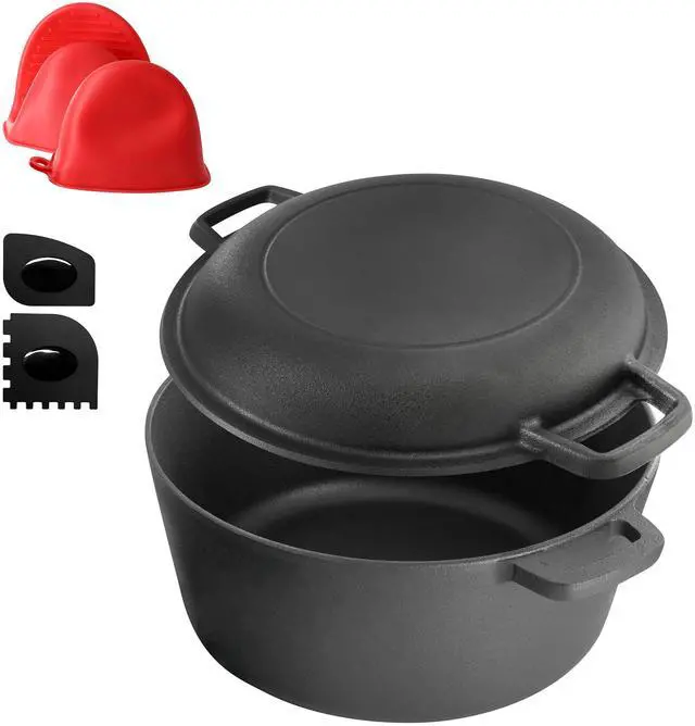 Alt view image 2 of 7 - MegaChef 5 Quart Pre-Seasoned 2-in-1 Cast Iron Dutch Oven and Skillet