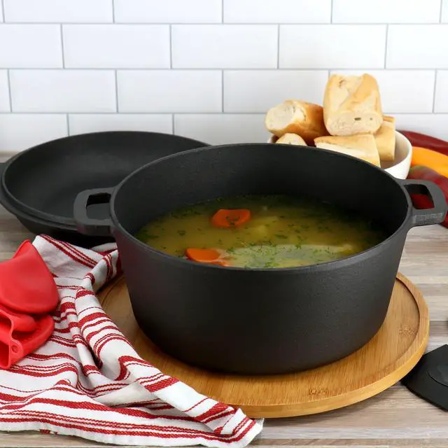 Alt view image 7 of 7 - MegaChef 5 Quart Pre-Seasoned 2-in-1 Cast Iron Dutch Oven and Skillet