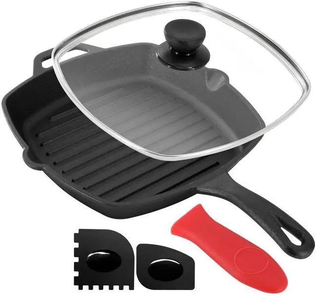Alt view image 2 of 7 - MegaChef 10.4 Inch Pre-Seasoned Cast Iron Griddle with Tempered Glass Lid