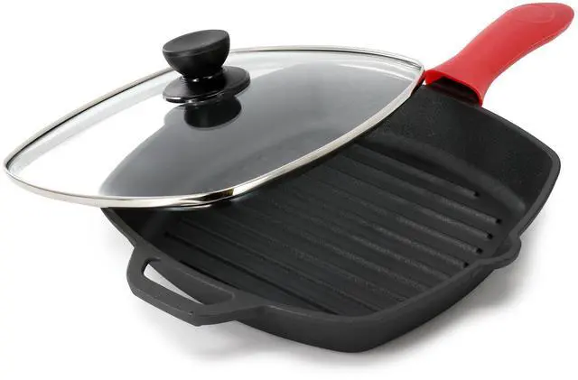 Alt view image 3 of 7 - MegaChef 10.4 Inch Pre-Seasoned Cast Iron Griddle with Tempered Glass Lid