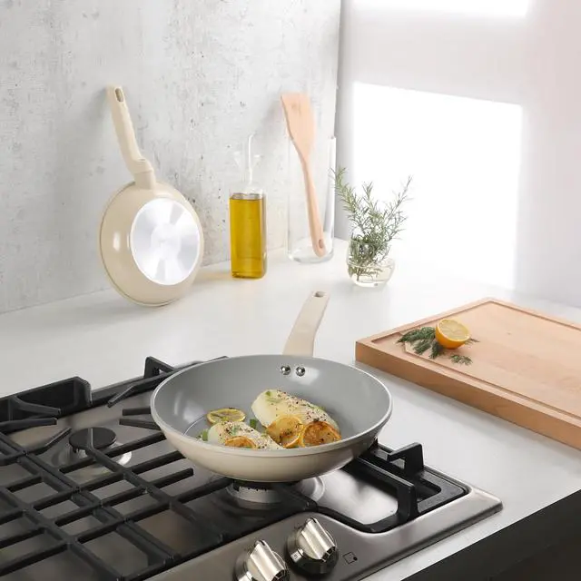 Alt view image 4 of 5 - Gibson Home Barnsdall 2 Piece 8 Inch and 10 Inch Nonstick Aluminum Frying Pan Set in Linen