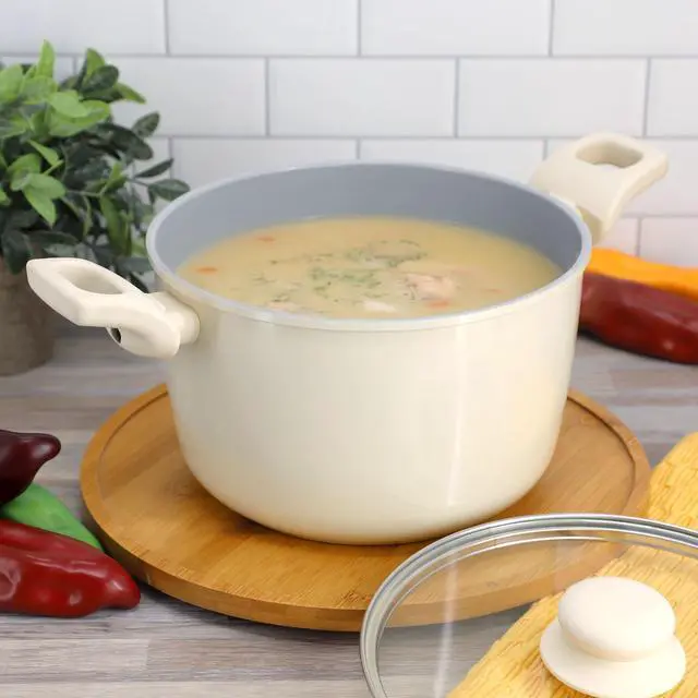 Alt view image 5 of 5 - Gibson Home Barnsdall 5 Quart Ceramic Nonstick Aluminum Stock Pot with Lid in Cream