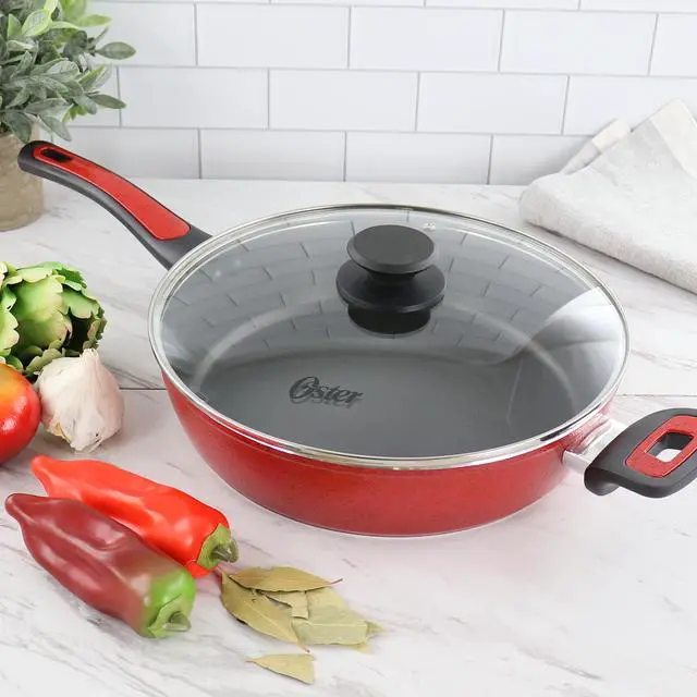 Alt view image 6 of 6 - Oster Claybon 3.8 Quart Nonstick Saute Pan With Lid in Speckled Red