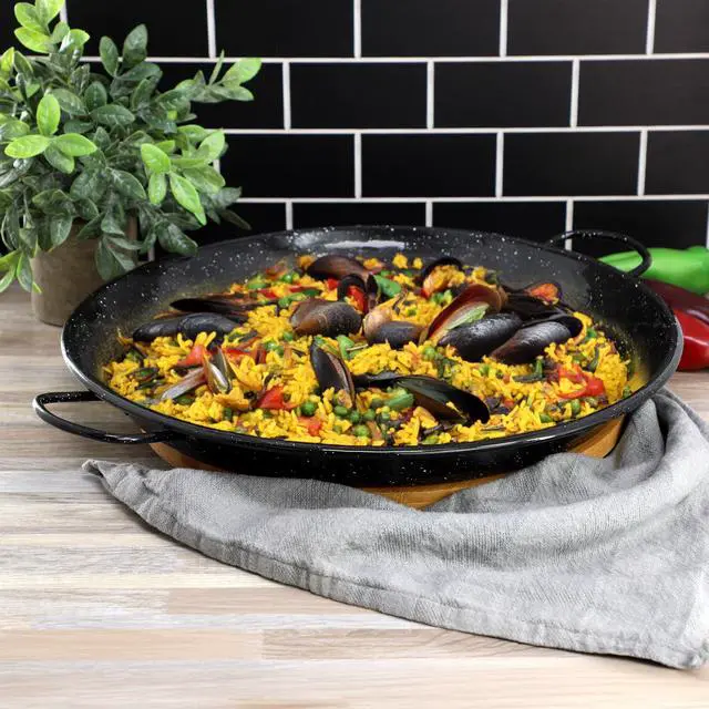 Alt view image 5 of 5 - Oster Castillo 15 Inch Enameled Steel Paella Pan in Speckled Black
