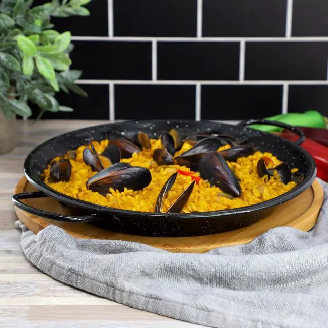 Alt view image 5 of 5 - Oster Castillo 11 Inch Enameled Steel Paella Pan in Speckled Black