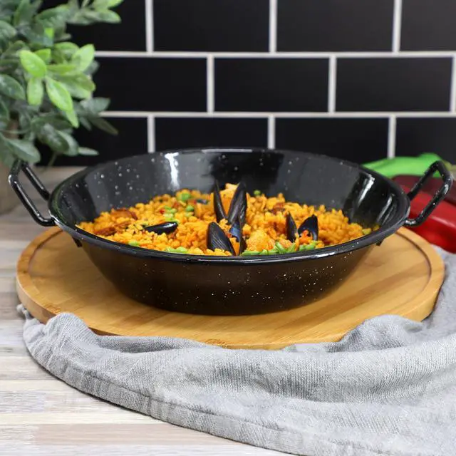 Alt view image 5 of 5 - Oster Castillo 9.5 Inch Enameled Steel Paella Pan in Speckled Black