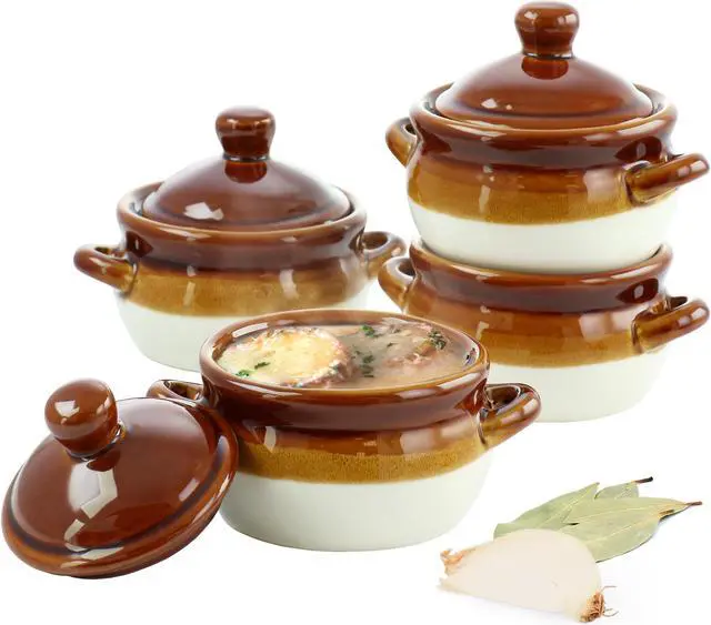 Main image of Elama 4 Piece Double Handle 15 Ounce French Onion Soup Bowl with Lid