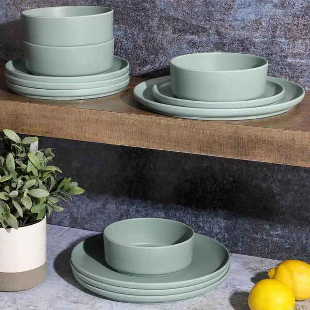 Alt view image 5 of 7 - Gibson Home Canyon Crest 12 Piece Stackable Melamine Dinnerware Set in Sage