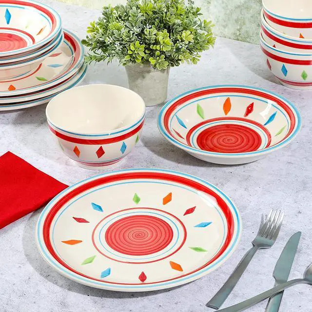 Alt view image 6 of 7 - Gibson Home Heidy 12 Piece Durastone Dinnerware Set in Red