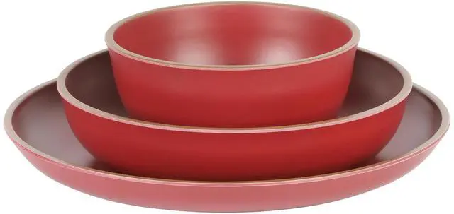 Alt view image 6 of 7 - Gibson Home Rockabye 12 Piece Double Bowl Malemine Dinnerware Set in Red