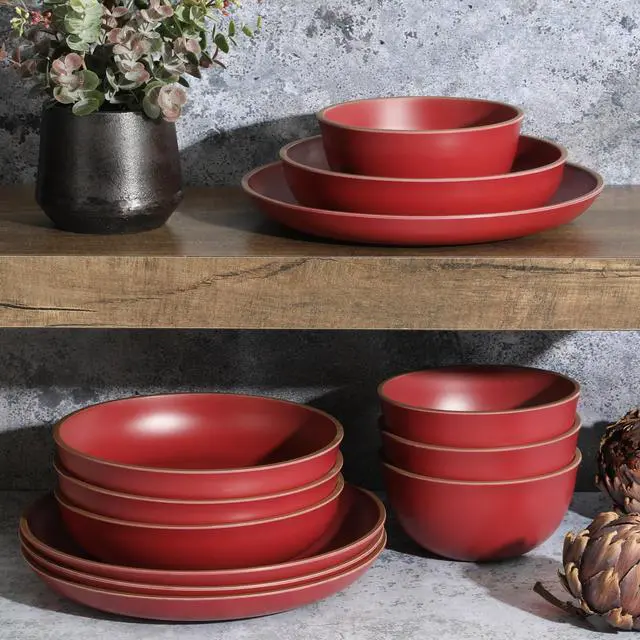 Alt view image 7 of 7 - Gibson Home Rockabye 12 Piece Double Bowl Malemine Dinnerware Set in Red