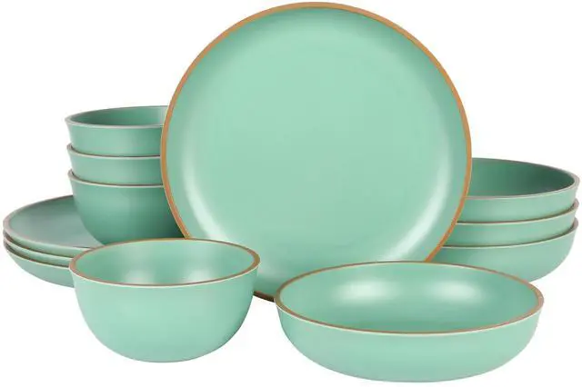 Main image of Gibson Home Rockabye 12 Piece Double Bowl Melamine Dinnerware Set in Green