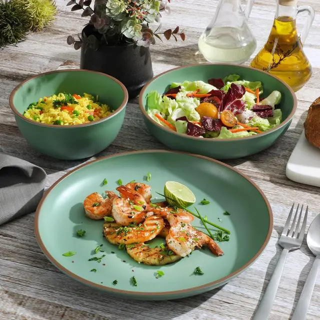 Alt view image 7 of 7 - Gibson Home Rockabye 12 Piece Double Bowl Melamine Dinnerware Set in Green