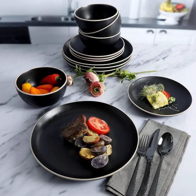 Alt view image 5 of 5 - Gibson Home Rockaway 12 Piece Stoneware Dinnerware Set in Black