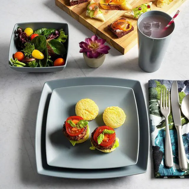 Alt view image 4 of 5 - Gibson Home Grayson 16 Piece Square Melamine Dinnerware Set in Grey