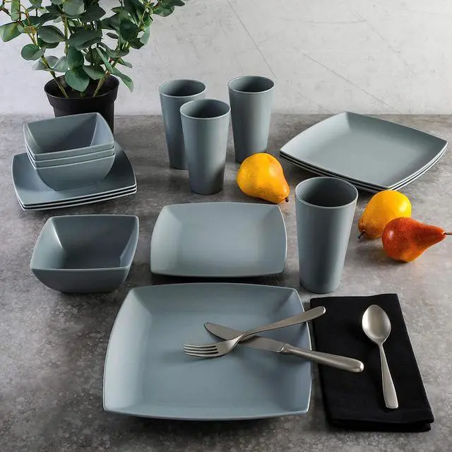 Alt view image 5 of 5 - Gibson Home Grayson 16 Piece Square Melamine Dinnerware Set in Grey