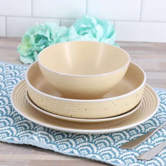 Alt view image 7 of 7 - Elama Emilia 16 Piece Double Bowl Stoneware Dinnerware Set in Cream Yellow