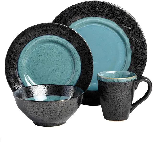 Alt view image 2 of 6 - Gibson Elite Dragonstone 16 Piece Stoneware Reactive Glaze Dinnerware Set in Aqua