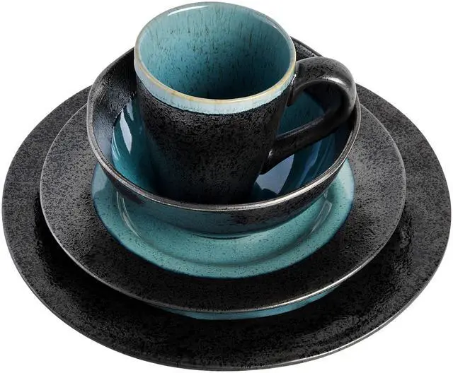 Alt view image 3 of 6 - Gibson Elite Dragonstone 16 Piece Stoneware Reactive Glaze Dinnerware Set in Aqua