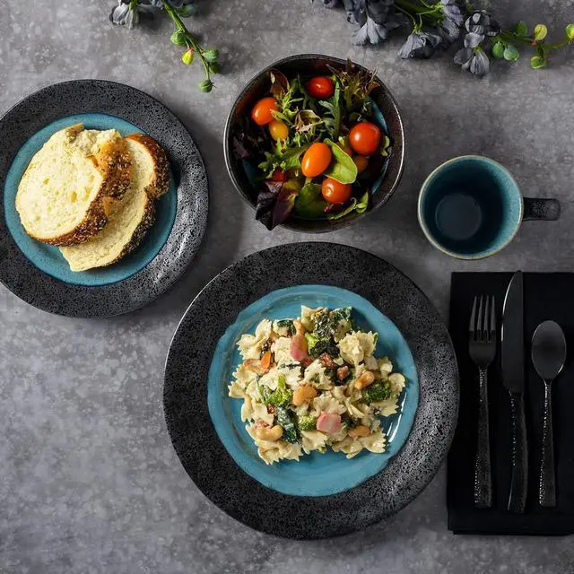 Alt view image 5 of 6 - Gibson Elite Dragonstone 16 Piece Stoneware Reactive Glaze Dinnerware Set in Aqua