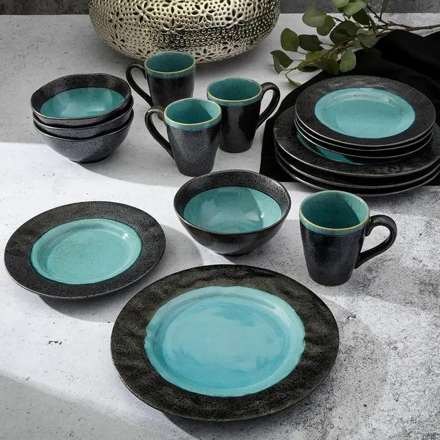 Alt view image 6 of 6 - Gibson Elite Dragonstone 16 Piece Stoneware Reactive Glaze Dinnerware Set in Aqua
