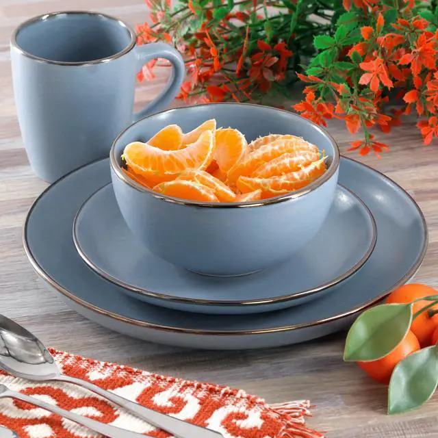Alt view image 5 of 5 - Gibson Home Rockaway 16 Piece Stoneware Metallic Rim Dinnerware Set in Matte Blue