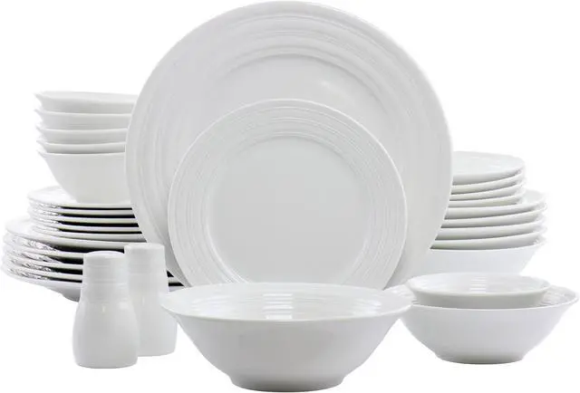 Main image of Gibson Home Embossed Ring 32 Piece Round Ceramic Dinnerware Set in White
