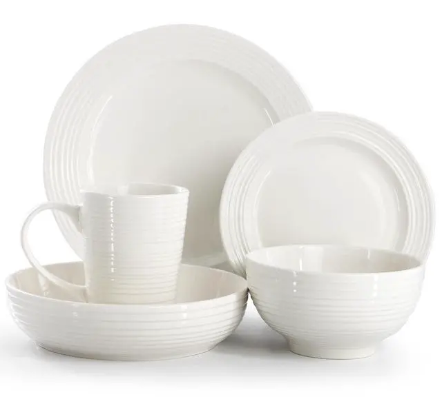 Alt view image 2 of 7 - Elama Nikki 18 Piece Ribbed White Porcelain Dinnerware and Serving Bowl Set