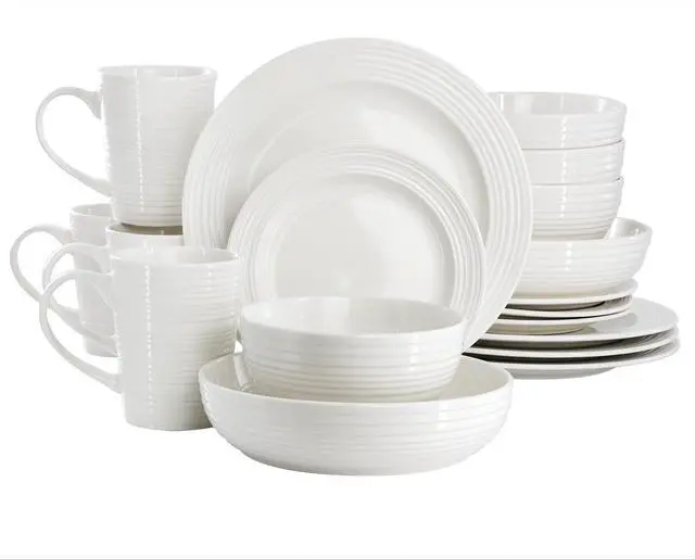 Main image of Elama Nikki 18 Piece Ribbed White Porcelain Dinnerware and Serving Bowl Set