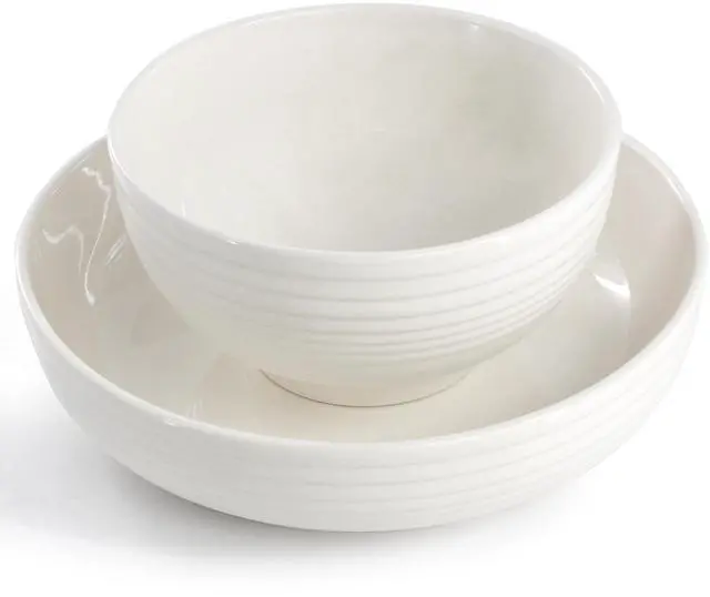 Alt view image 3 of 7 - Elama Nikki 18 Piece Ribbed White Porcelain Dinnerware and Serving Bowl Set