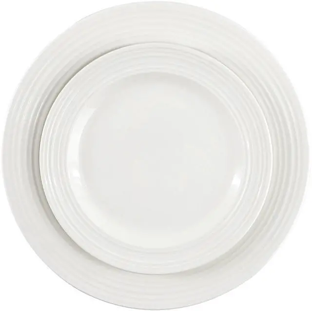 Alt view image 4 of 7 - Elama Nikki 18 Piece Ribbed White Porcelain Dinnerware and Serving Bowl Set