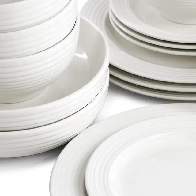Alt view image 6 of 7 - Elama Nikki 18 Piece Ribbed White Porcelain Dinnerware and Serving Bowl Set