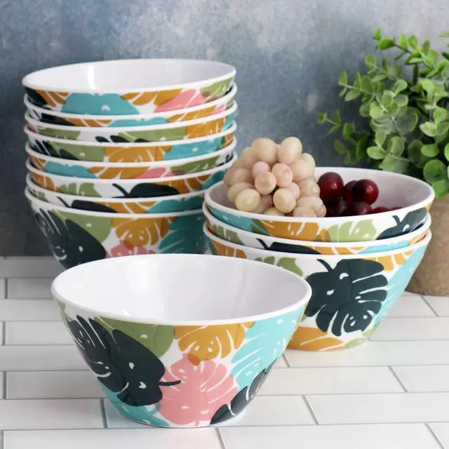 Alt view image 6 of 6 - Gibson Home Tropical Sway 12 Piece 6 Inch Melamine Bowl Set in Multi Color Leaf