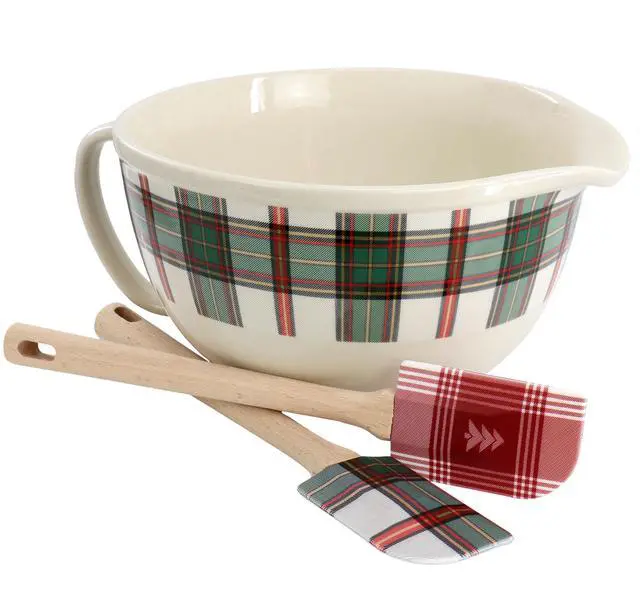 Main image of Martha Stewart 3 Piece Holiday Plaid Stoneware 3.4qt Batter Bowl Set with Silicone Spatulas in White