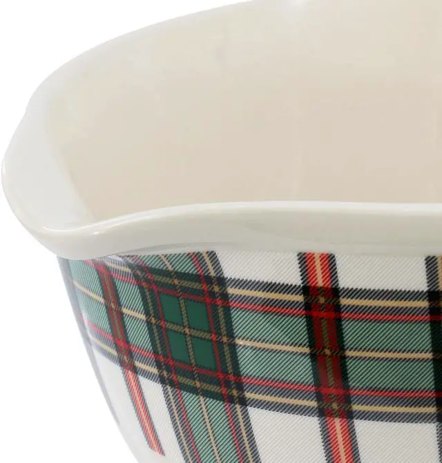 Alt view image 4 of 7 - Martha Stewart 3 Piece Holiday Plaid Stoneware 3.4qt Batter Bowl Set with Silicone Spatulas in White