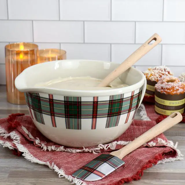 Alt view image 7 of 7 - Martha Stewart 3 Piece Holiday Plaid Stoneware 3.4qt Batter Bowl Set with Silicone Spatulas in White