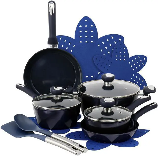 Main image of Oster Hawke 14 Piece Ceramic Nonstick Cookware Set in Dark Blue