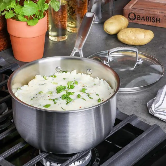 Alt view image 7 of 7 - Babish 3.5 Quart Stainless Steel Tri-Ply Double Riveted Saucepan with Lid in Silver