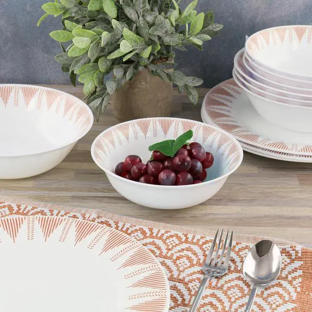 Alt view image 6 of 6 - Ultra by Gibson Piper Point 12 Piece Opal Glass Dinnerware Set in White With Red Accents
