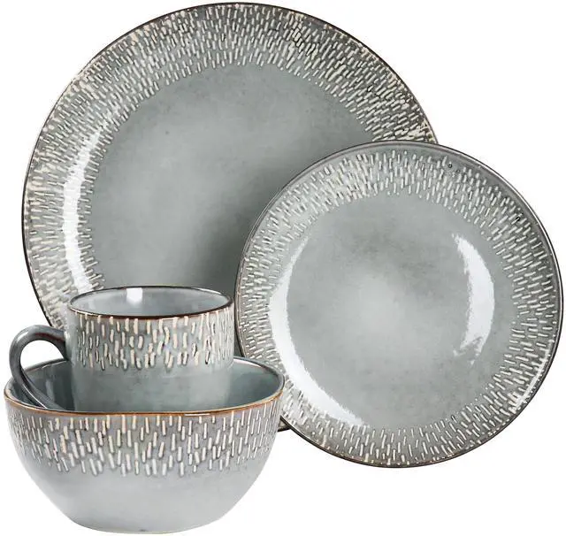 Alt view image 2 of 7 - Meritage 16 Piece Reactive Glaze Stoneware Dinnerware Set in Grey