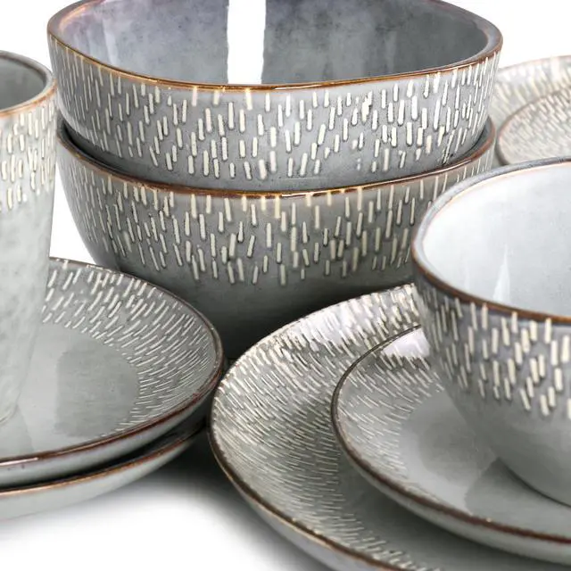 Alt view image 6 of 7 - Meritage 16 Piece Reactive Glaze Stoneware Dinnerware Set in Grey