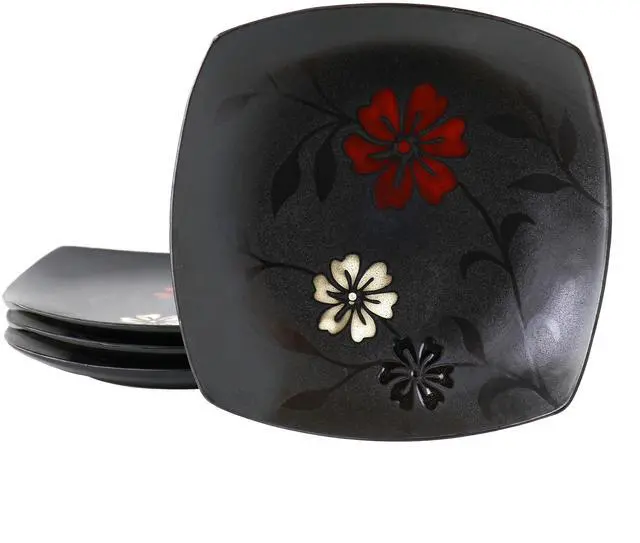 Main image of Hometrends Evening Blossom 4 Piece 8 Inch Square Stoneware Salad Plate Set in Black