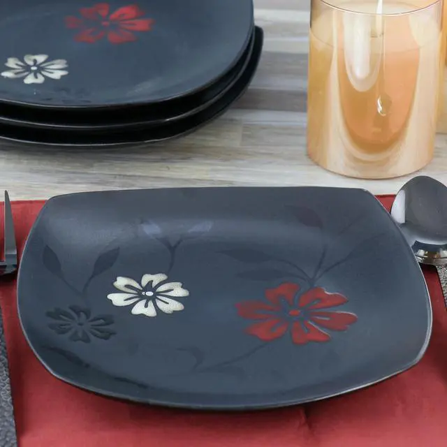 Alt view image 6 of 6 - Hometrends Evening Blossom 4 Piece 8 Inch Square Stoneware Salad Plate Set in Black