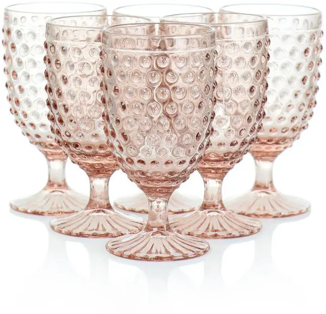 Alt view image 6 of 6 - Martha Stewart 6 Piece 14.2 Ounce Clear Glass Hobnail Goblet Drinkware Set in Pink