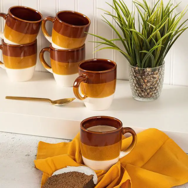 Alt view image 4 of 5 - Gibson Home Yellowstone 6 Piece 12 Ounce Stoneware Mug Set in Brown and White